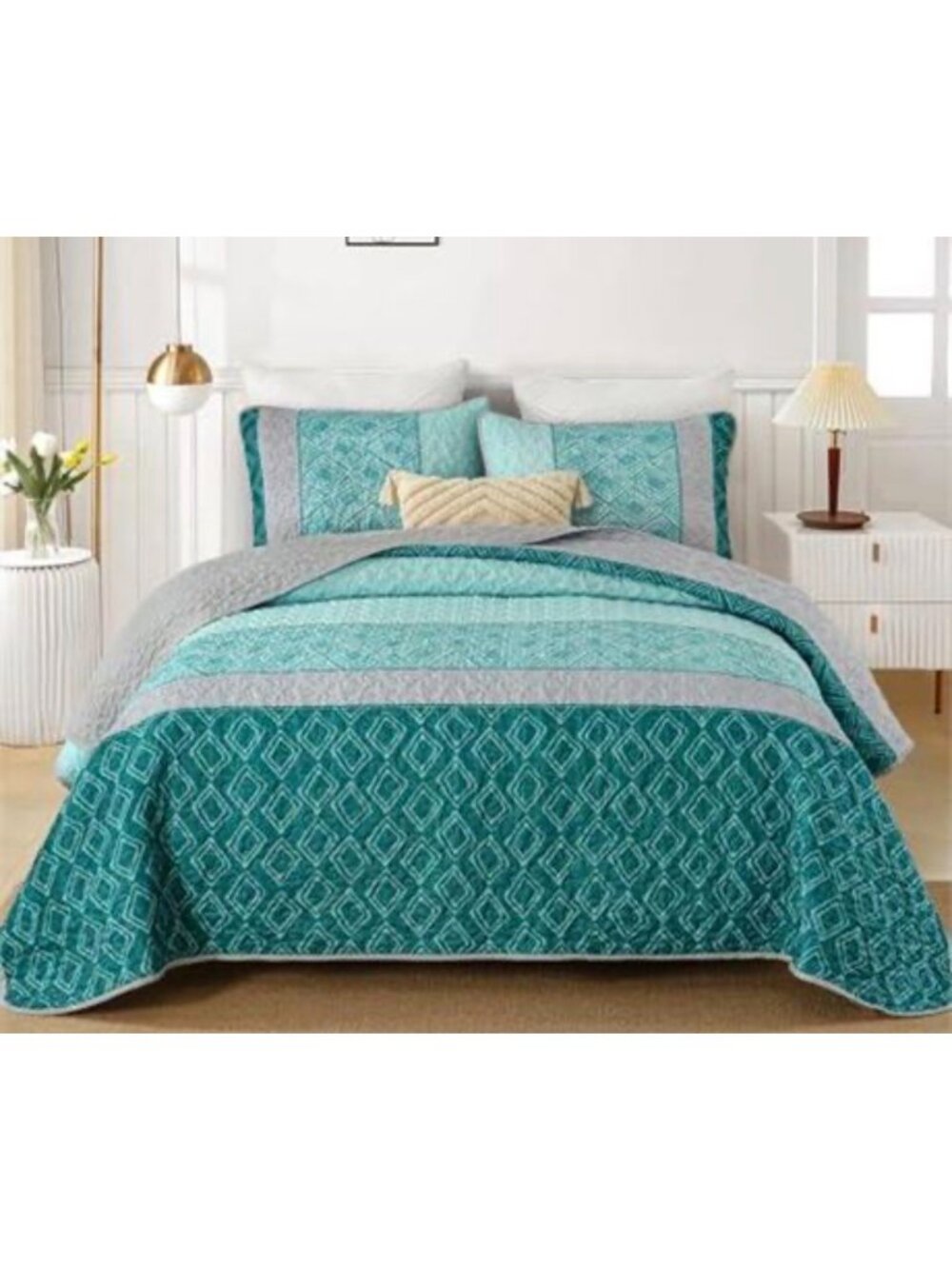 3-Piece Teal & Gray Diamond Quilted Bedding Set - King Size Comforter & Pillow S